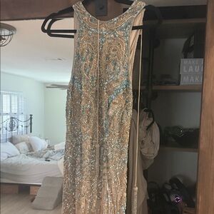 Sherri Hill Gold Beaded Evening Gown with Blue Accents